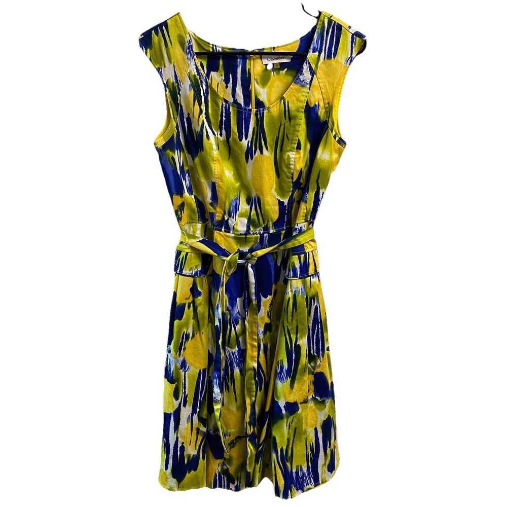 CALVIN KLEIN Women Floral Sleeveless Belted Lined A-line Dress Yellow&Blue 8 EUC